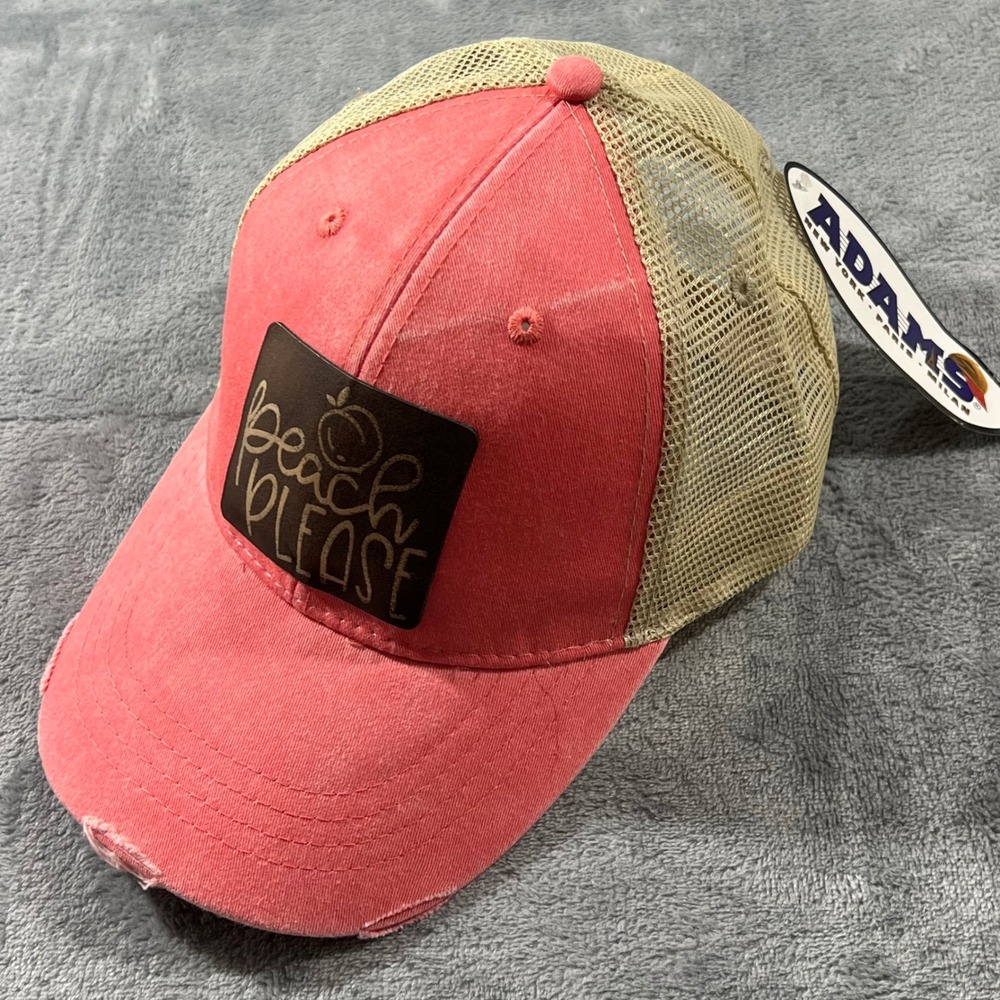 Adams Peach Please Trucker Hat Coral Pink Tan Mesh Snapback Distressed NWT 🍑